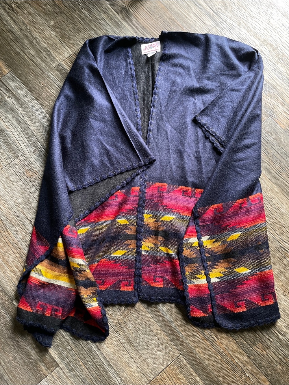 Navy blanket Shawl with Southwestern Red & Yellow Pattern